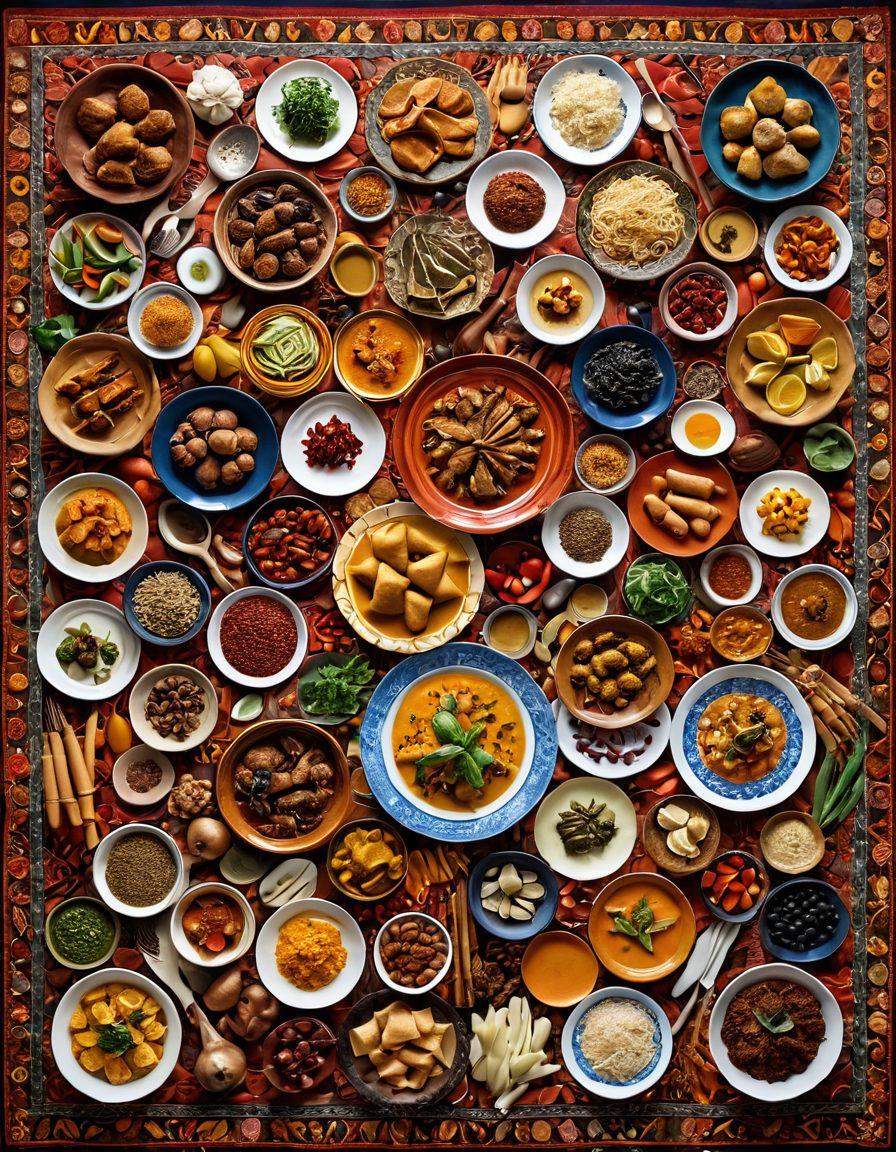 A mesmerizing collage showcasing diverse cultural dishes from around the world, beautifully arranged on a vibrant tapestry representing different countries. Each dish includes traditional ingredients and utensils, symbolizing their unique heritage, with background elements like famous landmarks and spices. The composition should evoke a sense of community and shared history through food. vibrant colors. super-realistic. 3D.
