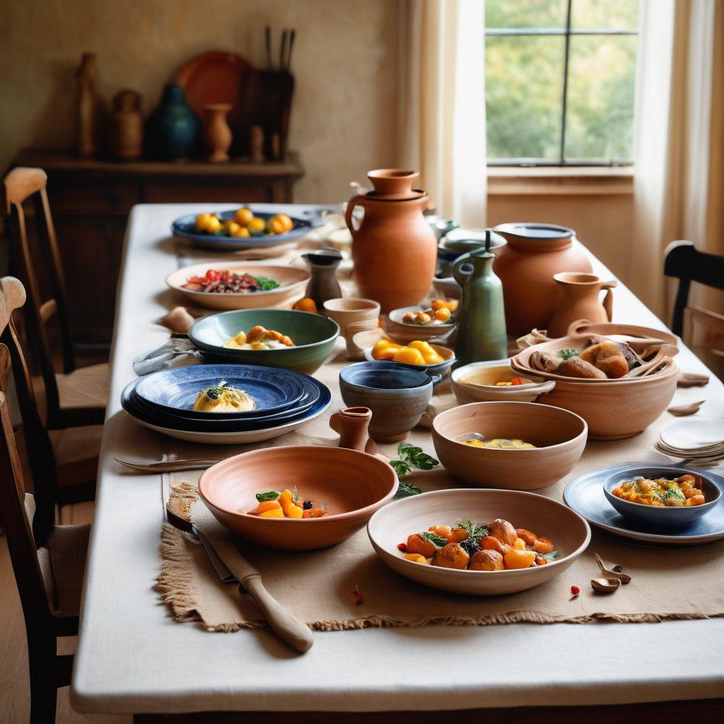 A beautifully arranged dining table featuring ancient cookware and modern culinary dishes, blending traditional and contemporary elements. Surrounding the table, historical artifacts like pottery and utensils contrast with sleek modern tableware. A vibrant array of ingredients symbolizes the journey through culinary heritage. Soft, warm lighting enhances the inviting atmosphere, suggesting a rich narrative. watercolor painting. warm colors. soft focus.