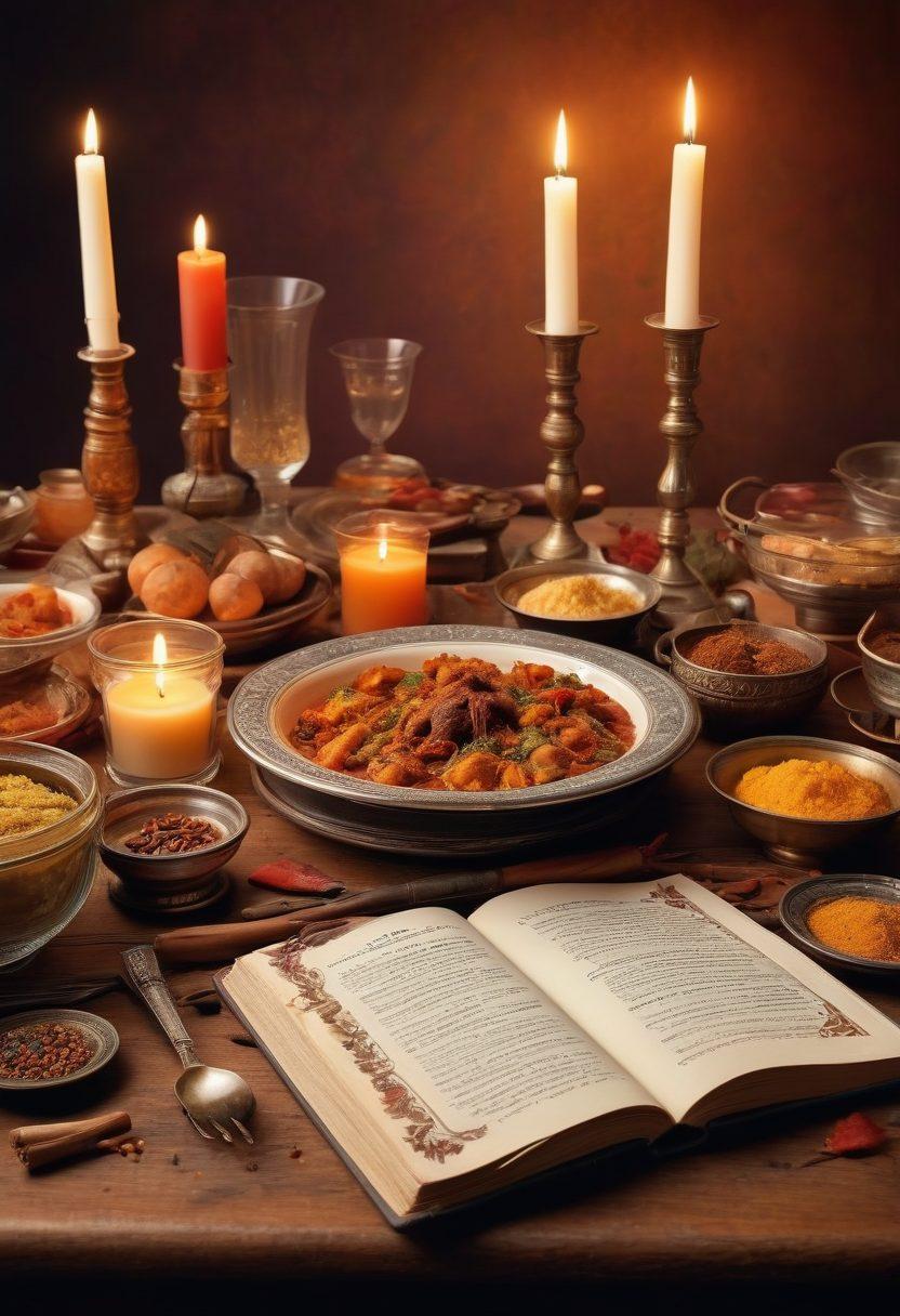 A beautifully arranged table showcasing a variety of historical dishes from different eras, with intricate details of ancient utensils, spices, and a vintage recipe book open beside a candle burning softly. The background features a faintly visible timeline depicting the evolution of culinary traditions. warm colors. super-realistic. vibrant textures.